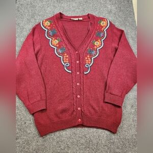 Vintage Womens Cardigan Sweater Flower Details Floral Embroidered Sz 20W Maroon